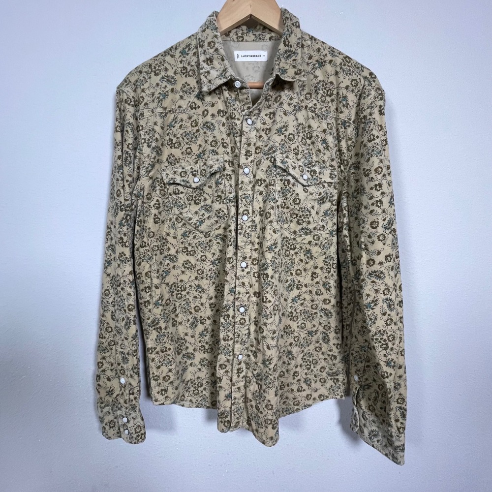Lucky Brand Corduroy Western Shirt Women Medium Tan Floral Paisley Pearl Snap